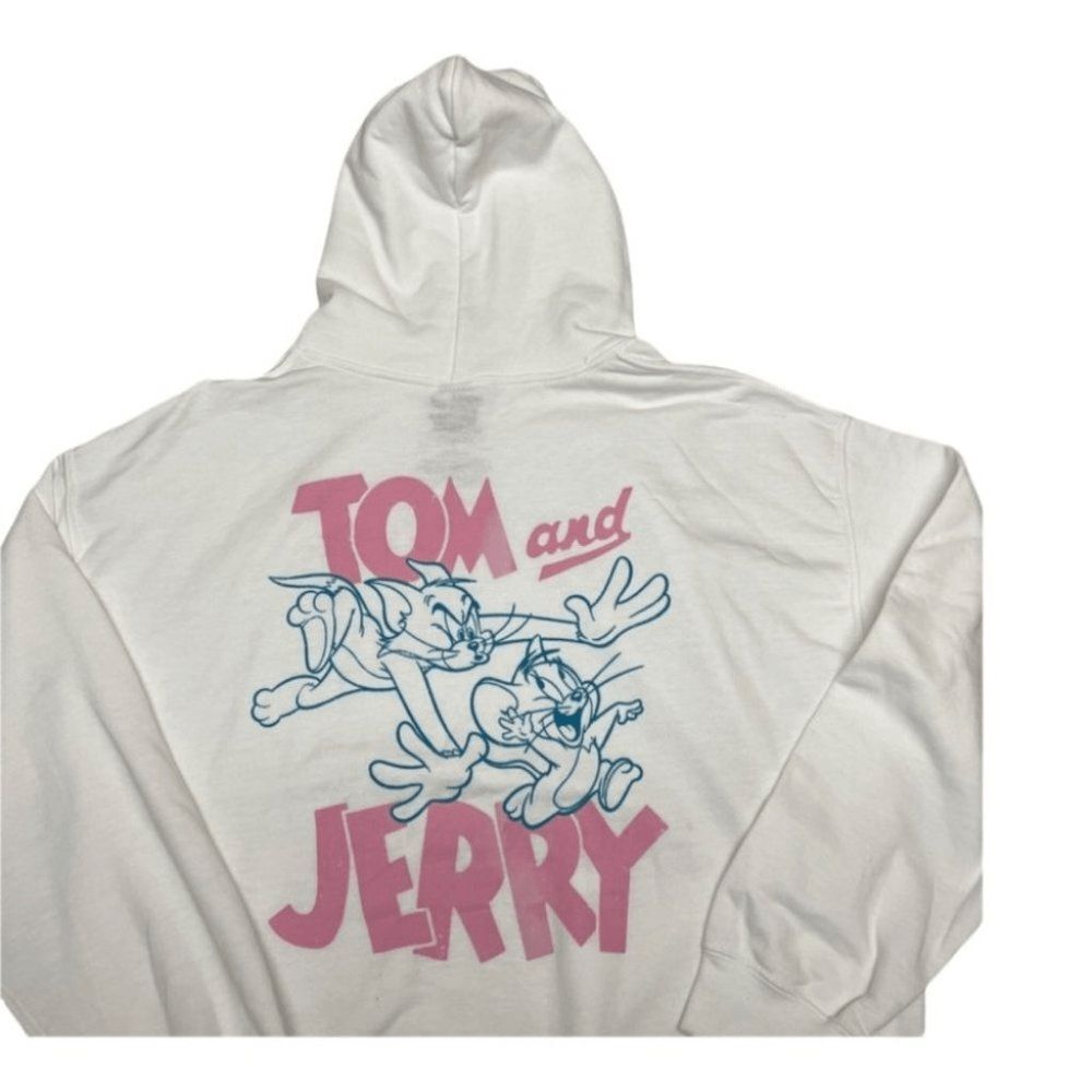 Tom & Jerry Hoodie Adult L White And Pink 90’s Cartoon Lounge Fall‎ Back Graphic